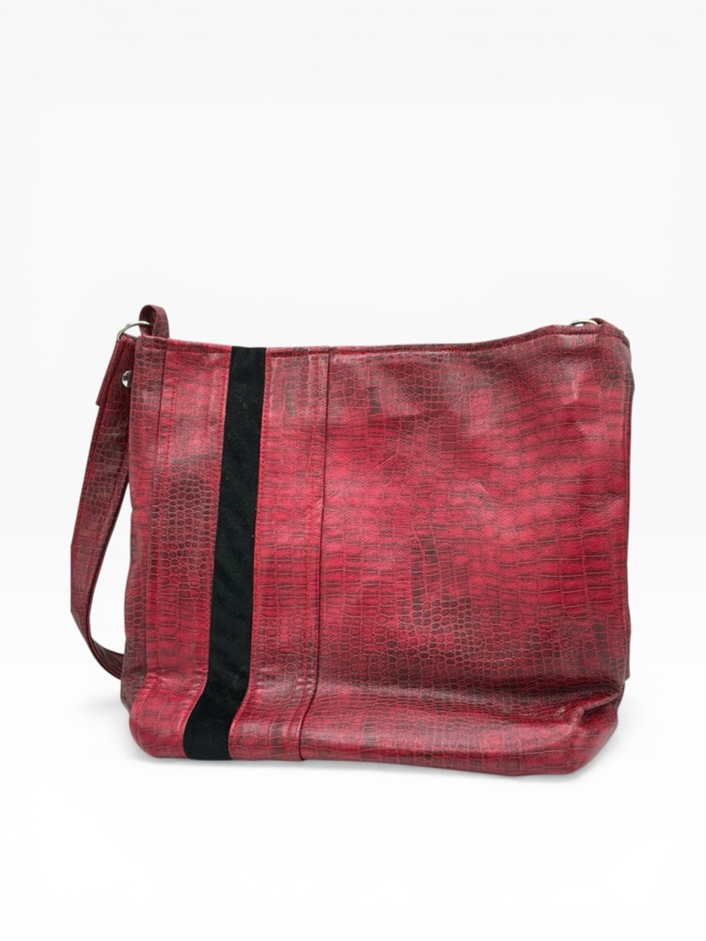 Red Croc-Texture Crossbody Bag with Black velvet-like stripe Accent